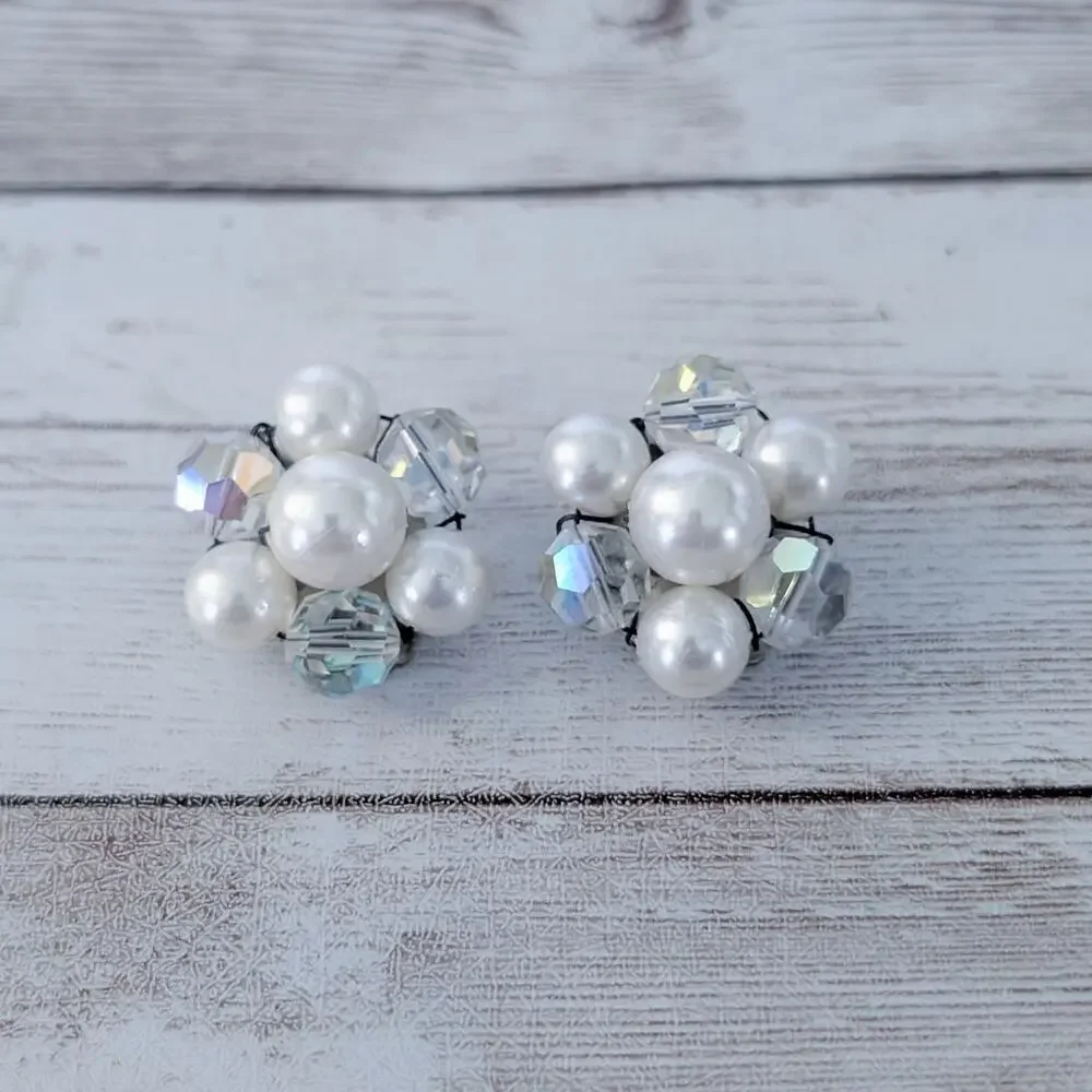 Vintage Clip On Earrings Faux Pearl & Iridescent Cluster Statement